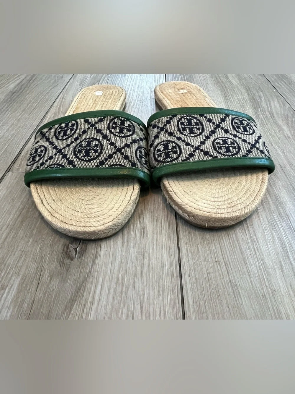 Tory Burch Monogram Espadrille Slides Sandals Green Tan Womens 8